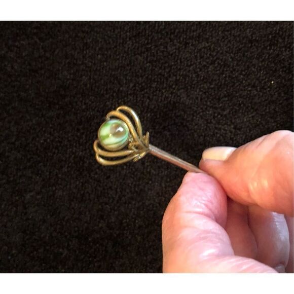 ANTIQUE - 🎉HP🎉 Brass? & Tiger Eye Art Nouveau Bar Pin/Collar Bar/Kilt Pin - Picture 6 of 10